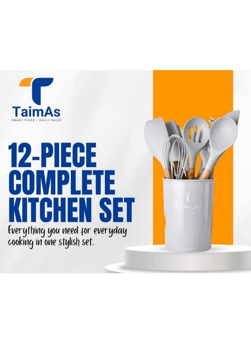 TaimAs Kitchen Utensil Set 12 Pieces Silicone Cooking Tools BPA-Free Heat Resistant Wooden Handle for Nonstick Cookware - Image 2